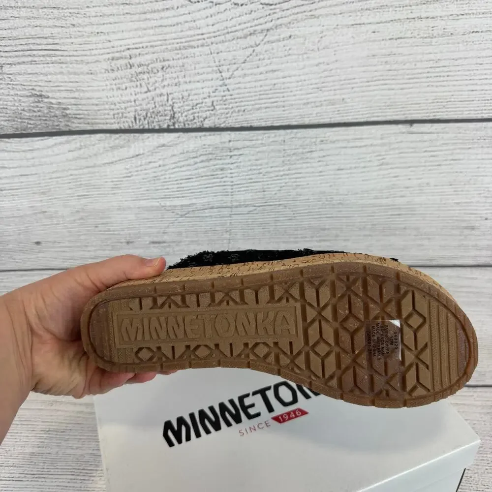 Minnetonka Women's Black Distressed Denim Posey Wedge Sandals Size 11